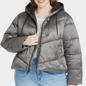 Ava and Viv Puffer Jacket Silver Plus Size 2x with Hood - WATER RESISTANT